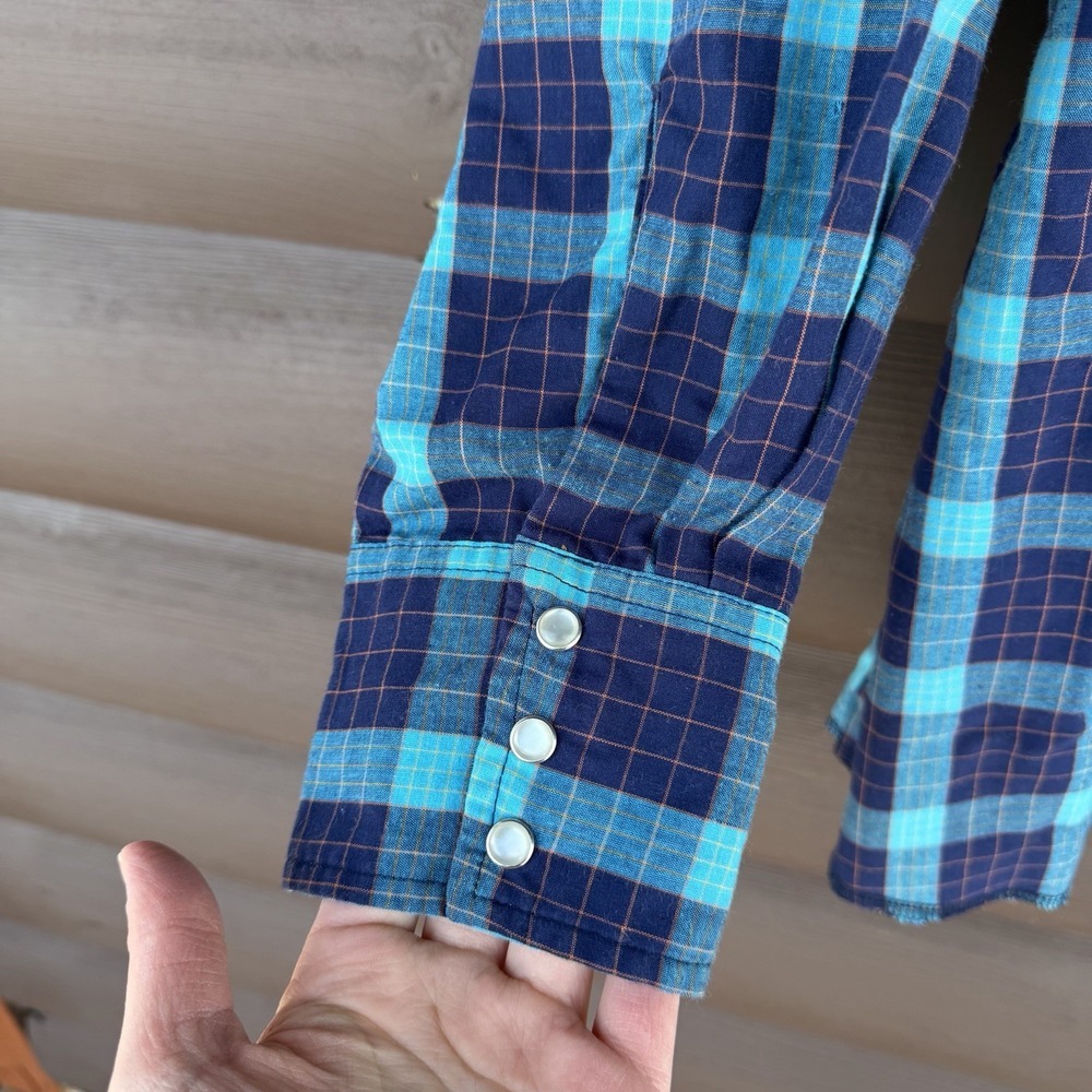 Vntg Wrangler Wrancher Mens Sz 2XL Blue Plaid Long Sleeve Pearl Snaps Western - Picture 5 of 7